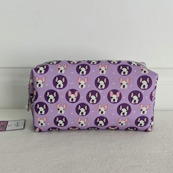 Boston Terrier Frenchie Cosmetic Bag Case Saffiano Vinyl Purple Lined NWT - Picture 2 of 13
